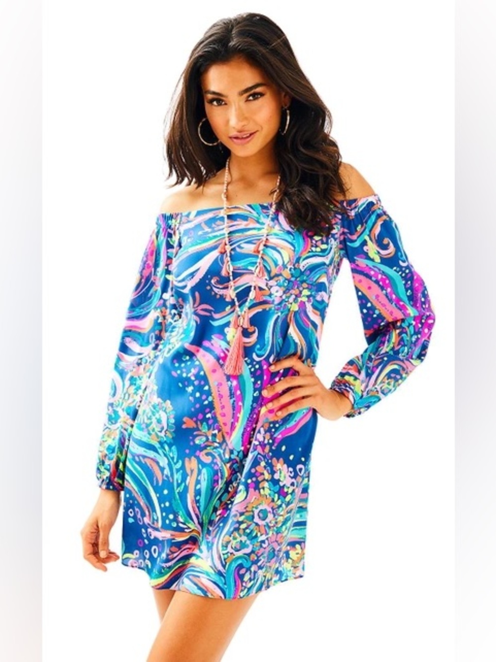 Lilly Pulitzer Adira Dress in the "Multi Beach Loot" pattern. Silk 90%